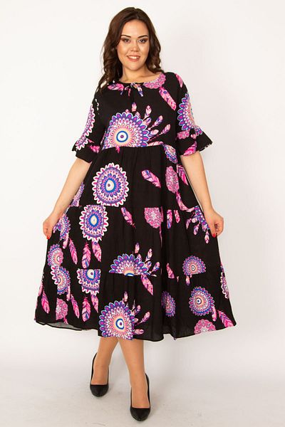 Şans Women's Large Size Colorful Woven Viscose Fabric Collar Lace Up Layered Dress 65n33459