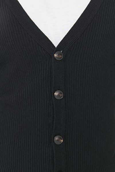 Trendyol Collection Black Slim Fit Cotton Slim Fit V-Neck Buttoned Ribbed Knit Cardigan Tmnaw21Hi0100