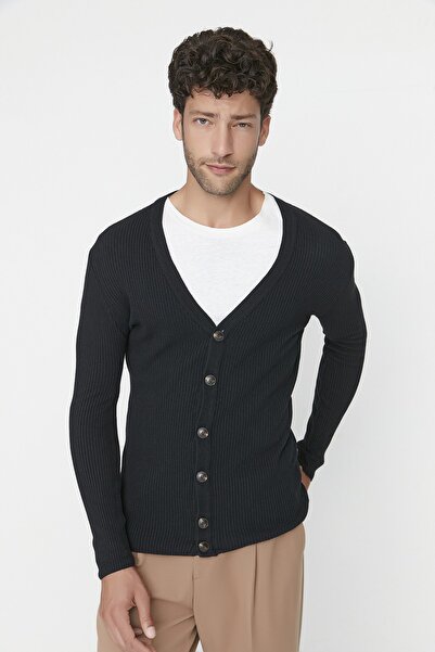 Trendyol Collection Black Slim Fit Cotton Slim Fit V-Neck Buttoned Ribbed Knit Cardigan Tmnaw21Hi0100