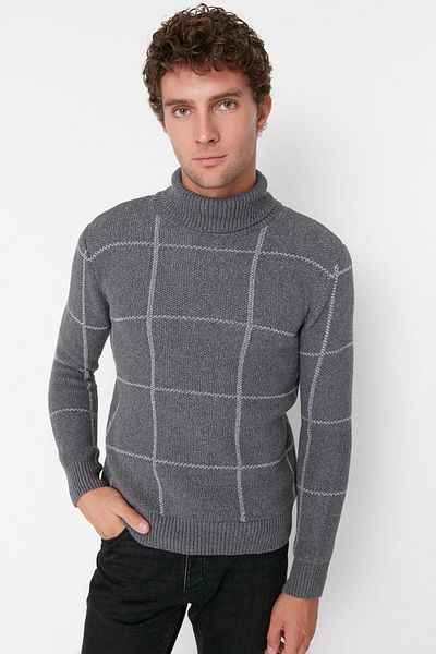 Trendyol Collection Slim-Fit-Strickpullover mit Rollkragen und Karomuster – Anthrazit TMNAW21KZ0398