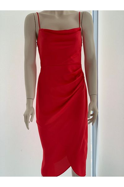 DORİDORCA Side Gathered Lace Neck Satin Evening Dress