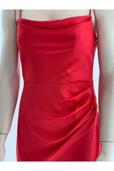 DORİDORCA Side Gathered Lace Neck Satin Evening Dress