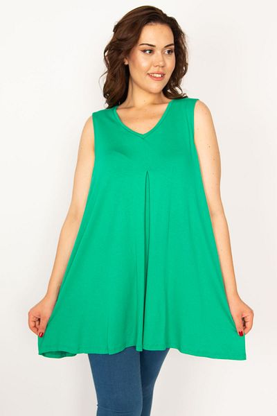 Şans Women's Large Size Green V-Neck A-Pleat Tunic 65n33505