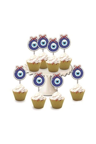 Huzur Party Store Nazar Boncuğu Temalı 8'li Simli Deluxe Muffin Kalıbı Kürdan...