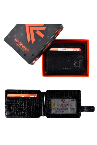 Eminsa Men's Black Genuine Leather Double Sided Wallet
