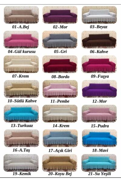 AK LALE Streç Krem Renk Bürümcük Lastıklı Oturma Gurubu Kanepe Koltuk Takım Örtüsü 3!lü Kılıf