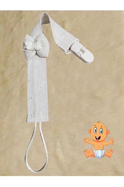 CEBECİ TİCARET Pacifier Strap Chain Set - Pacifier Holder Baby Gift Cotton Fabric 25 Cm with White Bow Model