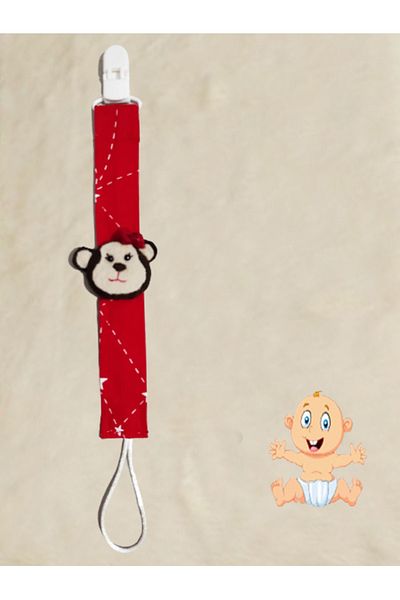 CEBECİ TİCARET Pacifier Strap Chain Set Pacifier Holder Baby Gift Cotton Fabric 25 Cm Red Monkey Model
