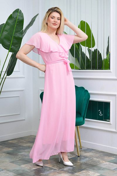 Neşeli Butik Rochie lungă din șifon, pudră, cu rever, cu șireturi