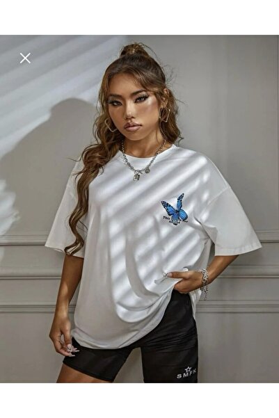 Giyim Kelebek Baskılı Oversize Kadın Tshirt