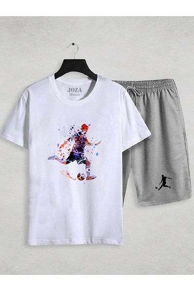 Joza Outdoors Football Player Printed Design Model Shorts - Tshirt White-black 2-Piece Set