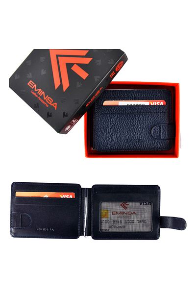Eminsa Men's Navy Blue Genuine Leather Double Sided Wallet