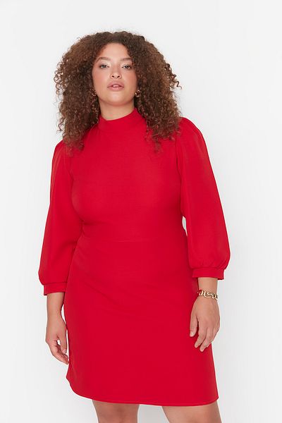 Trendyol Curve Long Sleeve Red Plus Size Mini Dress - A-Cut, Unlined - TBBAW23AH00035