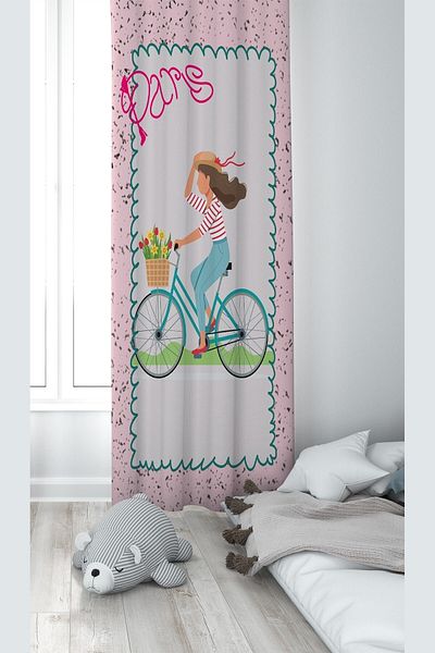 on the clouds Pink Girl Riding a Bicycle Patterned Digital Printing Washable Baby Kids Room Background Curtain
