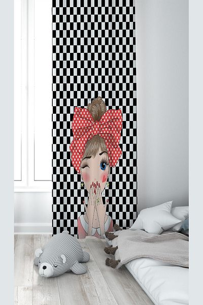 on the clouds Black and White Confused Girl Patterned Digital Printing Washable Baby Kids Room Backdrop Curtain