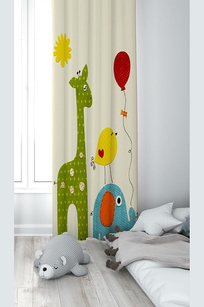 on the clouds Cream Cute Animal Patterned Digital Printing Washable Baby Kids Room Background Curtain