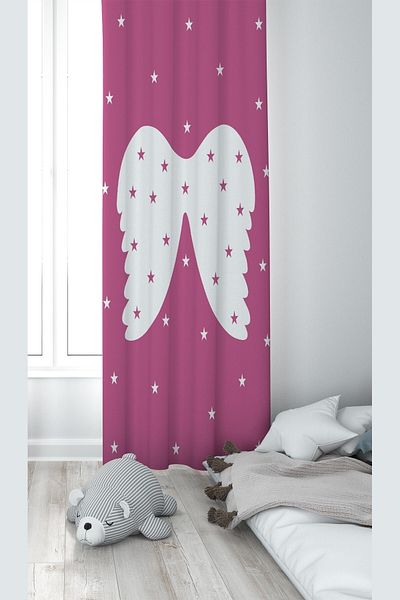 linazaitun Pink Angel Wings Digital Printing Washable Baby Kids Room Background Curtain