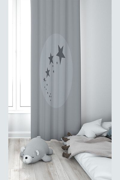 Pelangi Dark Gray Star Patterned Digital Printing Washable Baby Kids Room Background Curtain