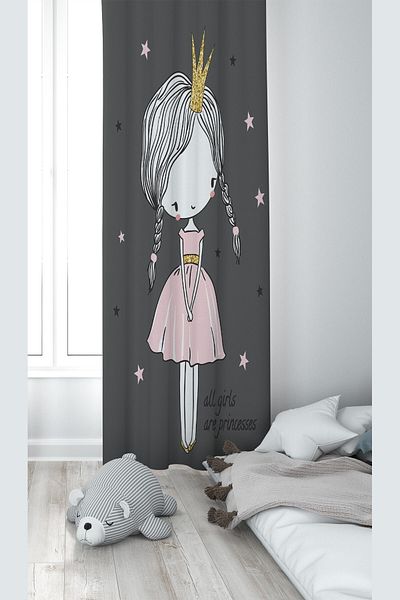Pelangi Gray Princess Patterned Digital Printing Washable Baby Kids Room Background Curtain