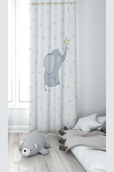 Pelangi White Elephant Patterned Digital Printing Washable Baby Kids Room Background Curtain
