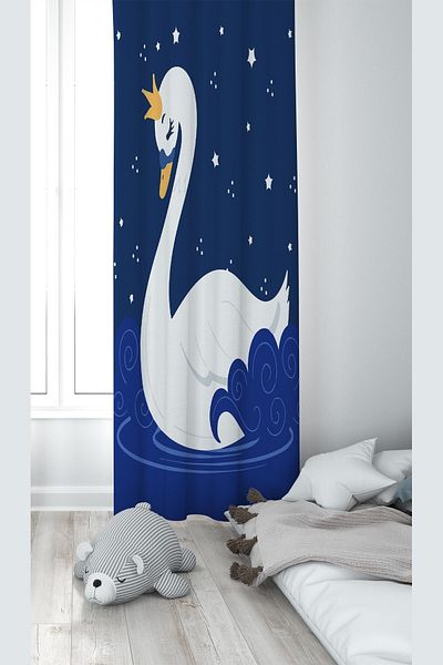 Pelangi Navy Blue Swan Patterned Digital Printing Washable Baby Kids Room Background Curtain