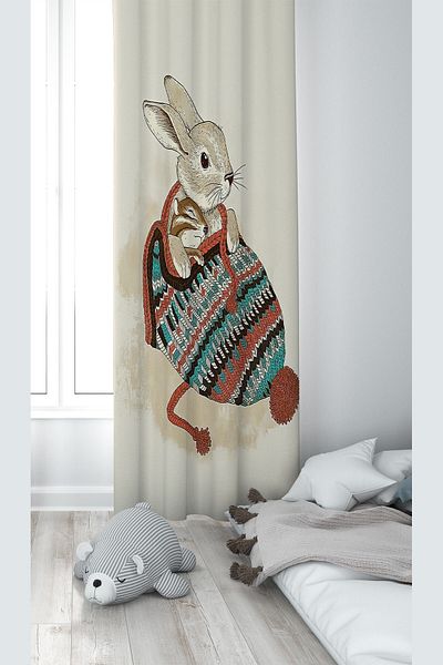 Pelangi Cream Rabbit Patterned Digital Printing Washable Baby Kids Room Background Curtain