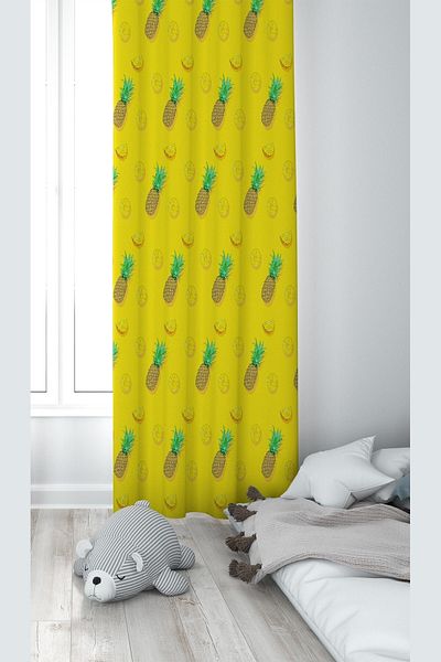 Pelangi Yellow Pineapple Patterned Digital Printing Washable Baby Kids Room Background Curtain