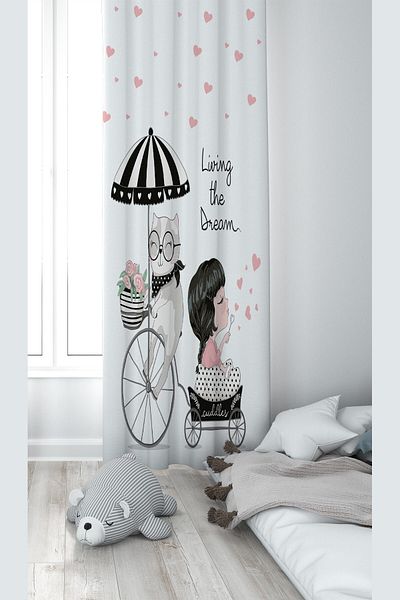 linazaitun White Cat And Girl Patterned Digital Printing Washable Baby Kids Room Background Curtain