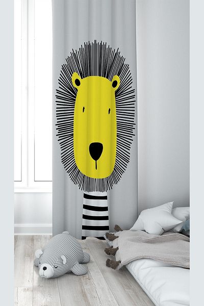 linazaitun Gray Lion Patterned Digital Printing Washable Baby Kids Room Background Curtain