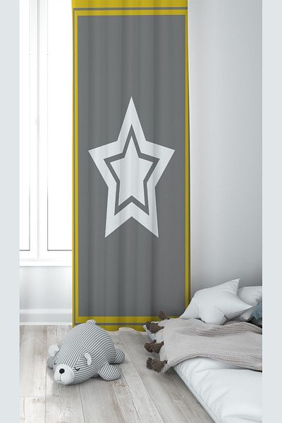 linazaitun Gray Star Patterned Baby and Children's Room - Digital Printing, Washable Background Curtain