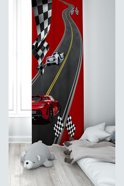 linazaitun Red Car Racing Patterned Digital Printing Washable Baby Kids Room Background Curtain