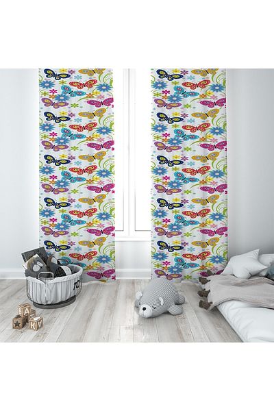 linazaitun White Butterfly Patterned Digital Printing Washable Baby Kids Room Background Curtain