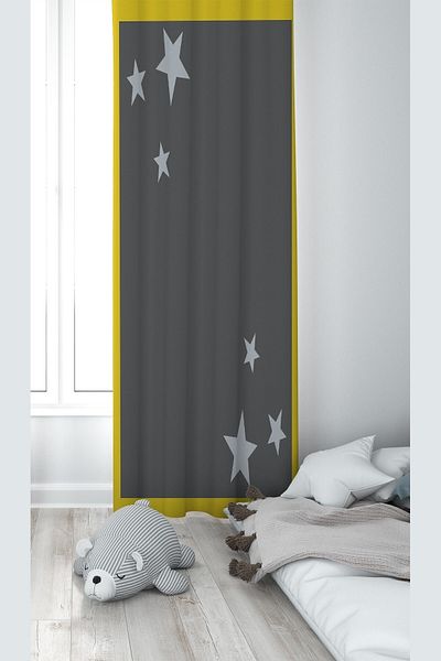 linazaitun Gray Star Patterned Baby and Children's Room - Digital Printing, Washable Background Curtain