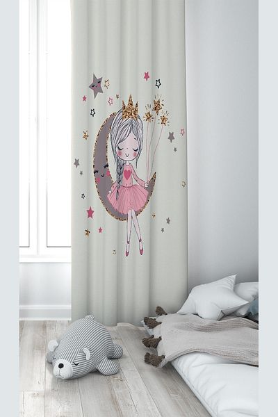 linazaitun Prensen Moon And Star Patterned Digital Printing Washable Baby Kids Room Background Curtain