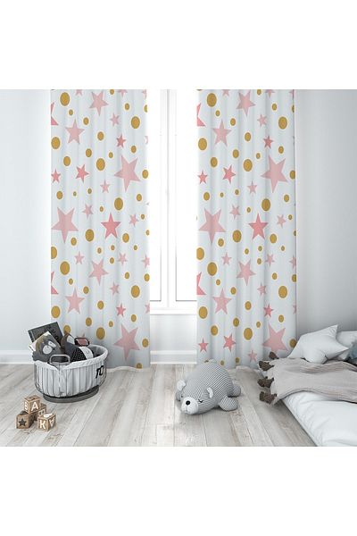 linazaitun White Colored Star Patterned Digital Printing Washable Baby Kids Room Background Curtain
