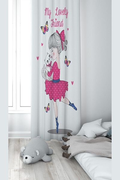 linazaitun White Cat Loving Girl Patterned Digital Printing Washable Baby Kids Room Background Curtain