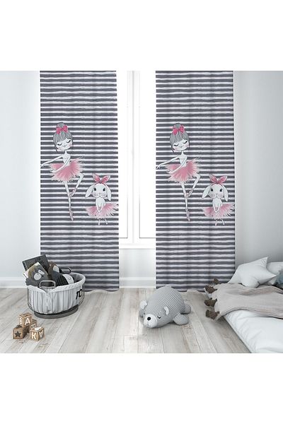 linazaitun Gray Ballerina Patterned Digital Printing Washable Baby Kids Room Background Curtain