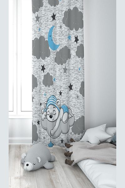 linazaitun Teddy Bear Sleeping on the Gray Cloud Patterned Digital Printing Washable Baby Kids Room Background Curtain
