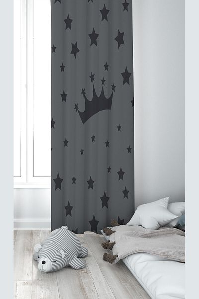 linazaitun Dark Gray Crown Patterned Digital Printing Washable Baby Kids Room Background Curtain