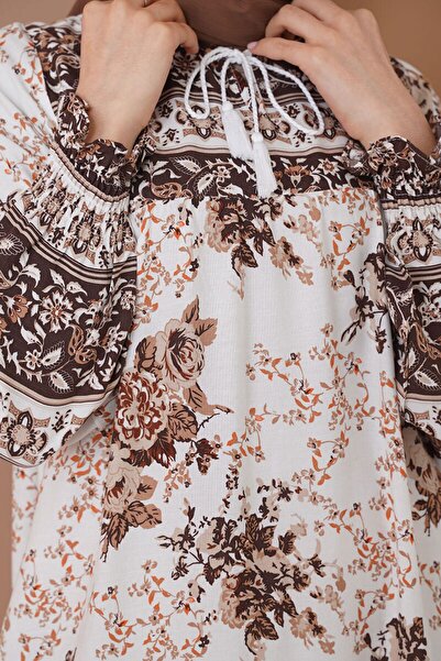 Bigdart 1947 Desenli Uzun Elbise - Kahverengi