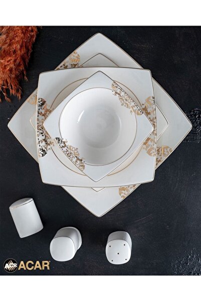 ACAR Elena 60 Parça Lüks Kare Porselen Yemek Takımı