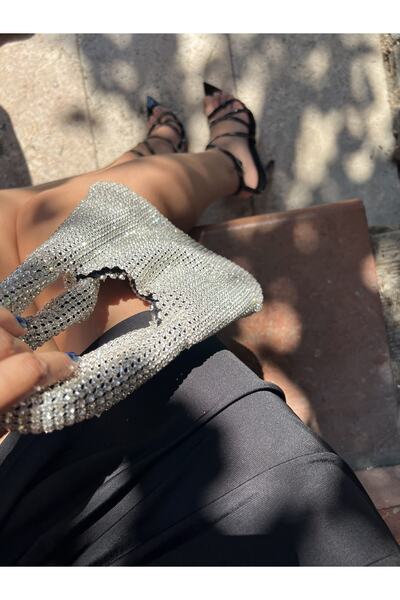 AYAKKABI PRENSİ Starry Shiny Stone Silver Women's Evening Dress Bag, High Heels