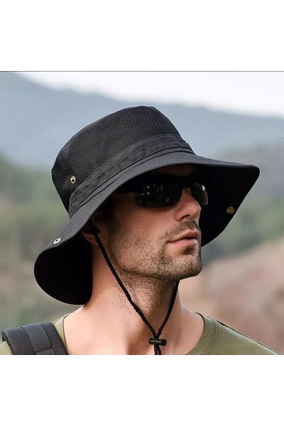 Kardelen Butik Denizli Snap Buttoned Hiking and Hunting Panama Hat (With Mesh) (Unisex) (Black)