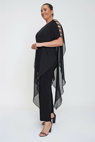 PRETO Kadın Tulum Büyük Beden Kol Taş Şeritli Şifon Üstlü