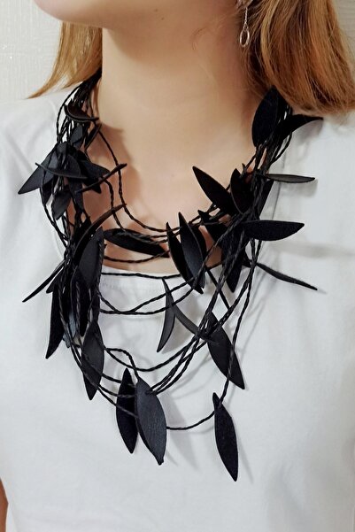 Fildişi Aksesuar Custom Leather Leaves Shaped Black Color Handmade Adjustable Women Necklace