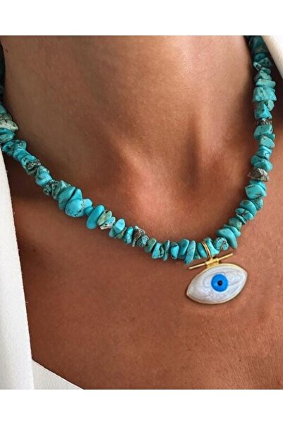 ESUSO Turquoise Natural Stone Eye Detailed Color Bead Women's Necklace