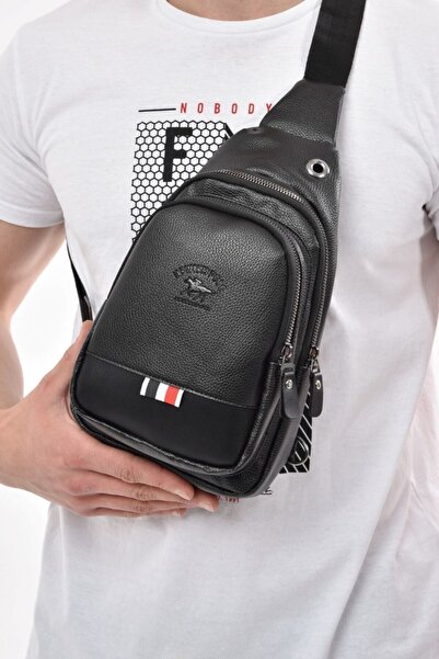YclShop Unisex crna kožna torba za nošenje preko ramena, struka i grudi sa iz...