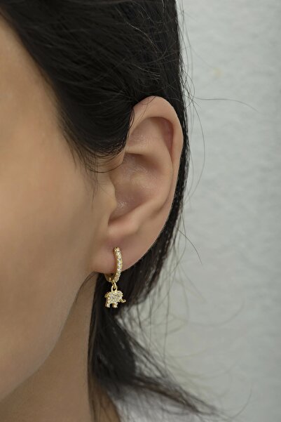 Nereze 925 Ayar Gümüş Sallantılı Gold Fil Küpe