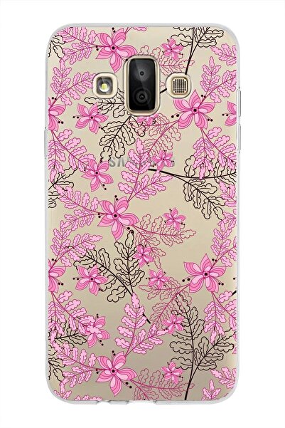 PrintiFy Samsung Galaxy J7 Duo Kapak Floral Pembe Tasarımlı Şeffaf Silikon Uyumlu  Kılıf