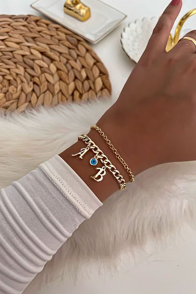 Trendy Butik يمكن اختيار الحروف الأولى باللون الذهبي مجموعة سوار سلسلة مفصلة بعين الشر 16